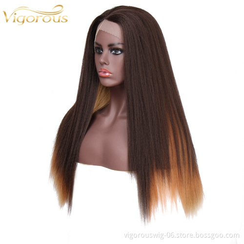 High Quality Straight Long Fake Scalp Coloured Ombre Ginger Fiber Blend Blonde Cheap Lace Front Synthetic Hair Wigs